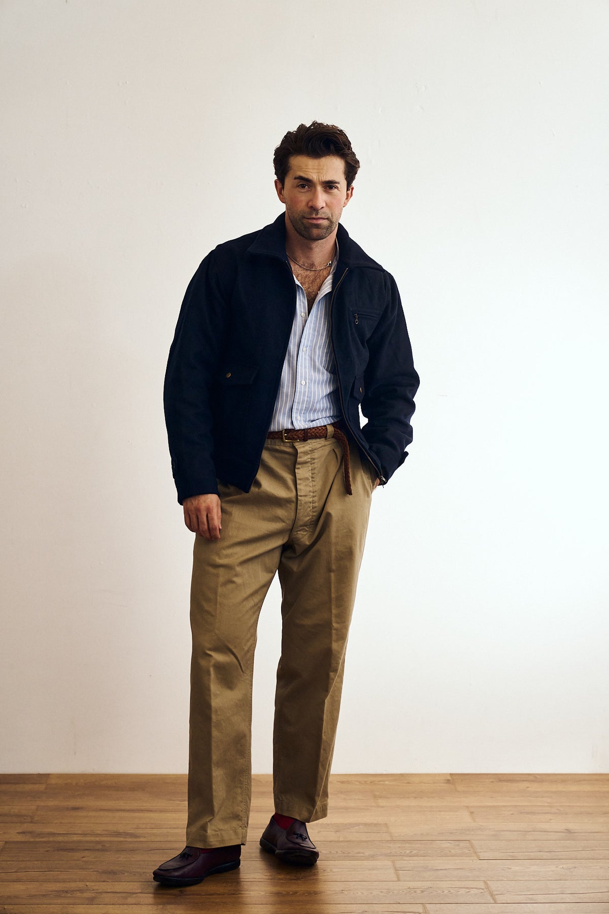 Woll-Jacke mit Rundhalsausschnitt – Marineblau